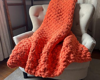 Orange Blanket - Chunky Knit Throw - Ready to Ship Blanket - Super Chunky Orange Afghan