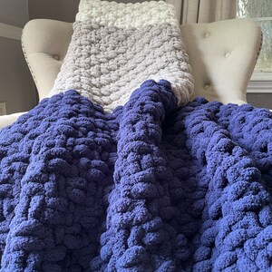 Navy Blue Striped Blanket Navy Blue Gray and Ivory Throw Chunky Knit Blanket Super Chunky Knit Blanket Soft Chenille Throw Blanket image 2