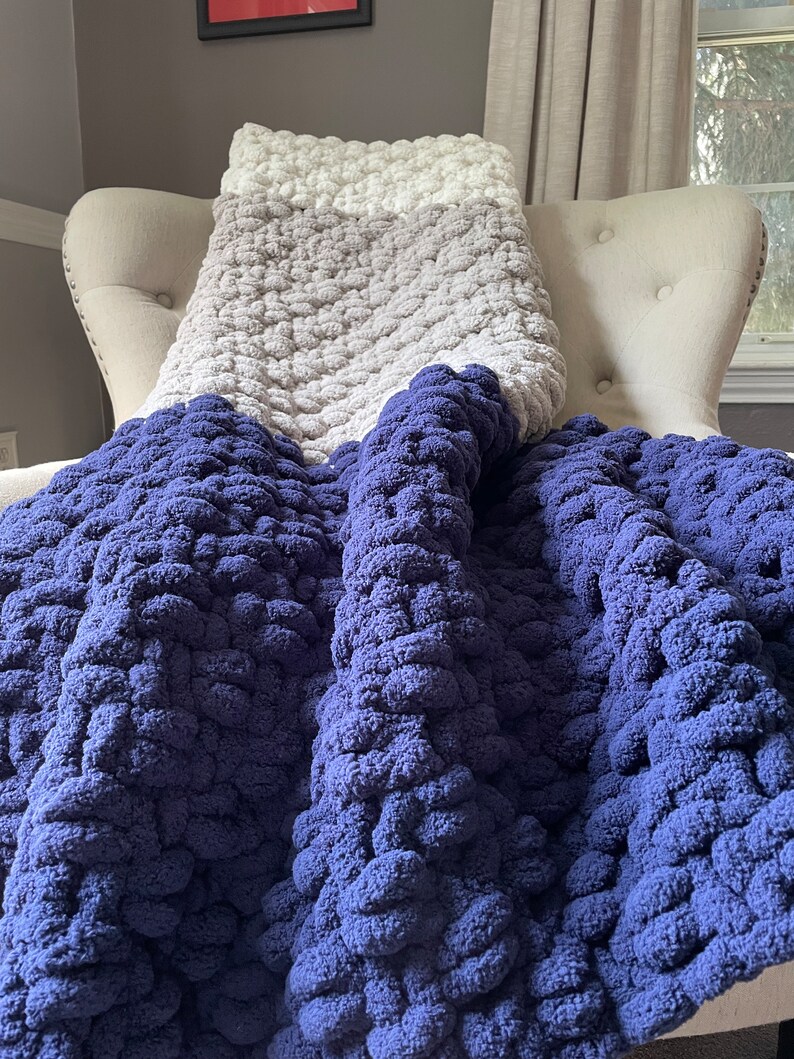 Navy Blue Striped Blanket Navy Blue Gray and Ivory Throw Chunky Knit Blanket Super Chunky Knit Blanket Soft Chenille Throw Blanket image 2