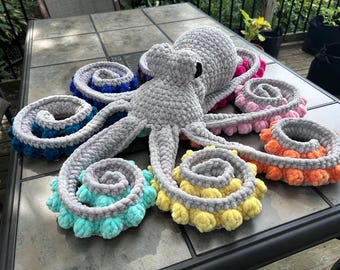 Rainbow Octopus Amigurumi - Oversized Octopus Plush Toy - Crochet Anchor the Octopus - Gray and Rainbow Octopus Toy - Octopus Plush Stuffie