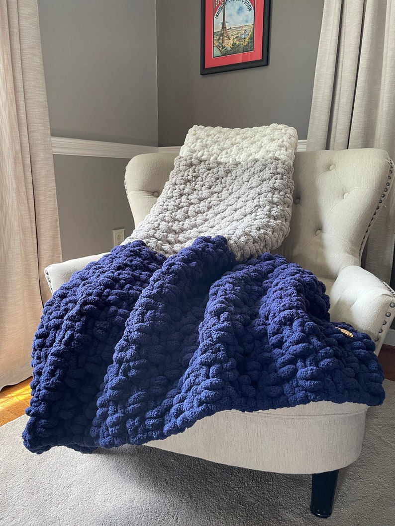 Navy Blue Striped Blanket Navy Blue Gray and Ivory Throw Chunky Knit Blanket Super Chunky Knit Blanket Soft Chenille Throw Blanket image 1