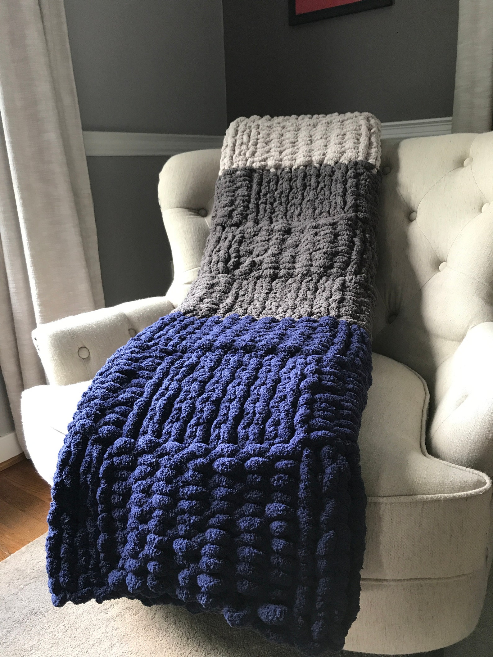 Striped Blanket Chunky Knit Blanket Navy Blanket Gray Etsy