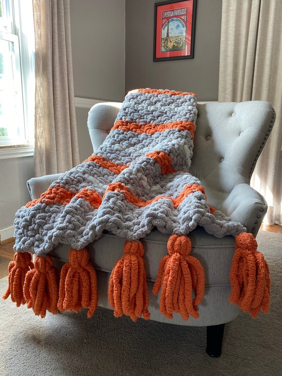 Chunky Knit Blanket - Black Orange and Ivory - Soft Chenille Throw Blanket