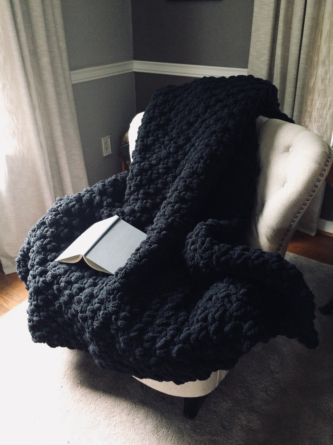 Chunky Knit Blanket - Black Orange and Ivory - Soft Chenille Throw