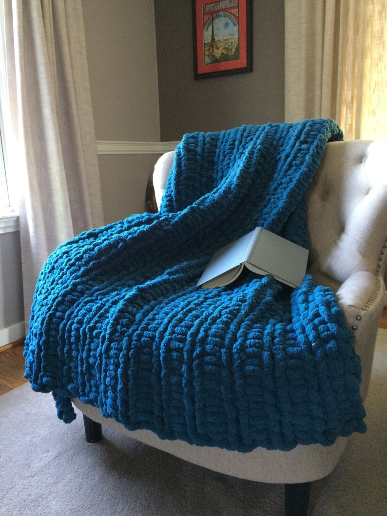 Teal Blue Blanket Chunky Knit Blanket Teal Blue Throw Etsy