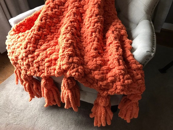Chunky Knit Blanket  Harvest Orange, Light Gray & Ivory Throw