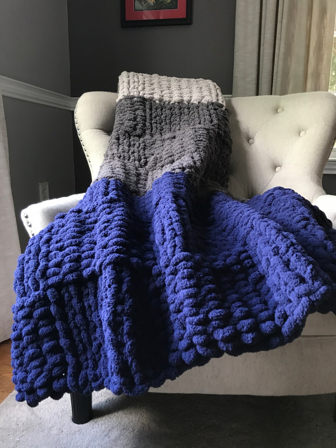 Navy and Gray Throw Chunky Knit Blanket Super Chunky Throw Etsy