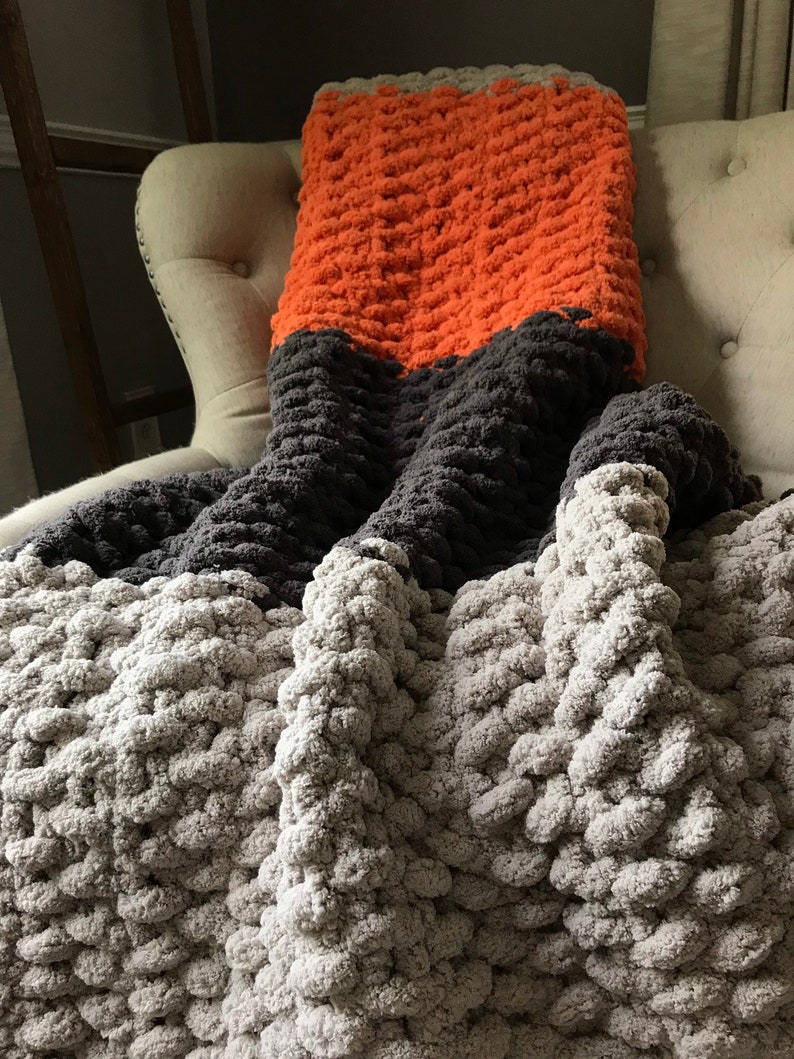 Chunky Knit Blanket Orange and Gray Throw Soft Striped Etsy
