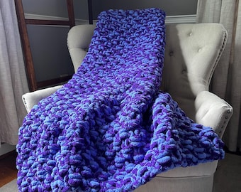 Wildberry Blanket - Purple and Blue Variegated Throw - Custom Chunky Knit Blanket - Super Soft Knit Throw - Chenille Hand Knit Blanket