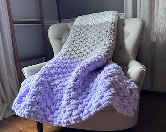 Lilac Striped Blanket - Light Purple Knit Throw - Super Soft Chenille Throw - Chunky Knit Throw Blanket - Cozy Hand Knit Throw