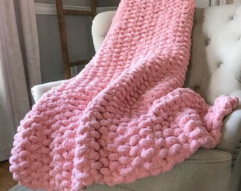 Pink Blanket - Chunky Knit Blanket - Soft Blanket - Chenille Throw - Knit Blanket - Cozy Throw - Couch Blanket - Light Pink Afghan