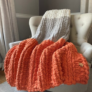 Orange Gray and White Blanket - Super Chunky Knit Blanket - Soft Knit Throw Blanket - Orange Knit Blanket - Fall Knitted Throw Blanket