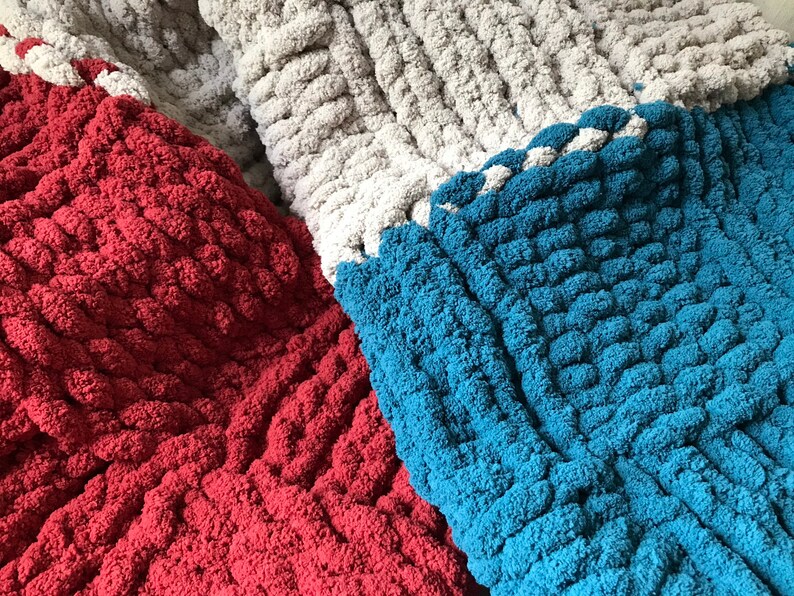 Chunky Knit Blanket Color Block Chunky Blanket Teal Blue Gray and Cranberry Throw Basketweave Chunky Knit Blanket Custom Knit Throw image 5