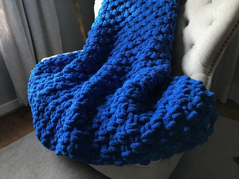 Royal Blue Chunky Knit Blanket Soft Cozy Vegan Chenille Throw Custom University of Kentucky Dorm Decor