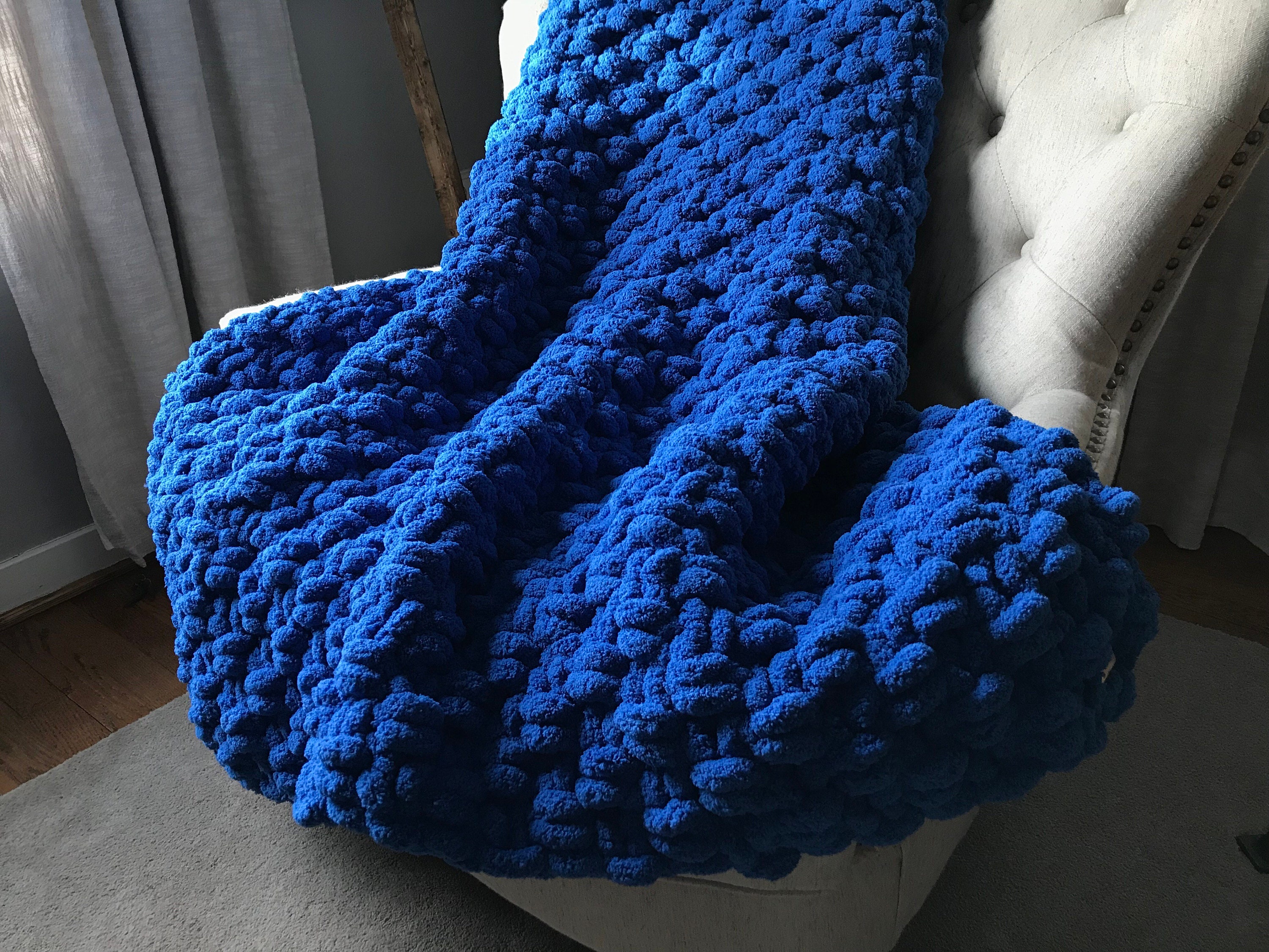 Royal Blue Knit Throw Chunky Knit Blue Blanket Vegan Etsy