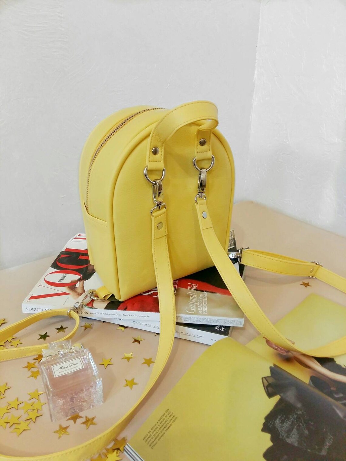 Faux Leather Backpack Vegan Backpack Yellow Backpack Small Etsy