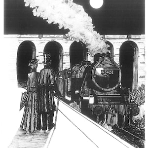 Stoomtreinkunst, 'The Goth Express'; Handbeschilderd ambachtelijk kaartje; Gotische muurkunst A4