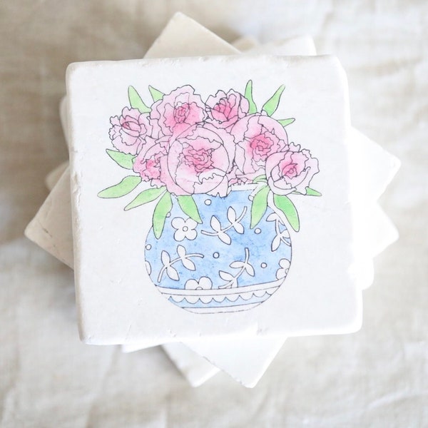 Mother's Day Gift/ Peonies in Vase Marble Coasters/ Blue and White vase/ Peony flower coasters/ grand millennial decor/ gift for mom