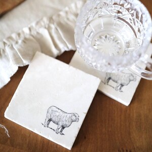 May include: Two white square coasters with black sheep illustrations. A clear glass with a cut-glass design sits on top of the coasters.