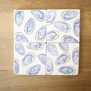 Hand Painted Oyster marble Coasters/ Coastal coasters/ Coastal home decor