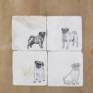 May include: Set of four white stone coasters with black pug dog illustrations. Each coaster features a different pug pose.