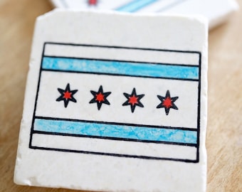 Chicago Flag Marble Coaster gift- Chicago Illinois- Marble Coasters- Tile coasters- Stone Coasters- free shipping