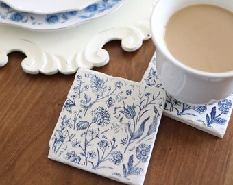 Blue and White botanical marble coasters/ botanical coasters/ botanical decor