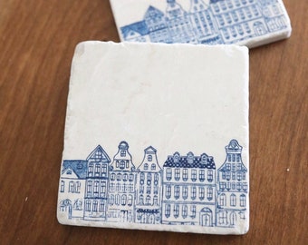 Delft Blue Canal Houses Marble Coaster Set. Classic Marble Coaster Set. Baby shower gift.