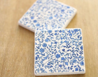 Blue Floral Vine Painted Coasters, Delft Blue Vine Coasters, Blue and White Decor, Grand Millennial Decor