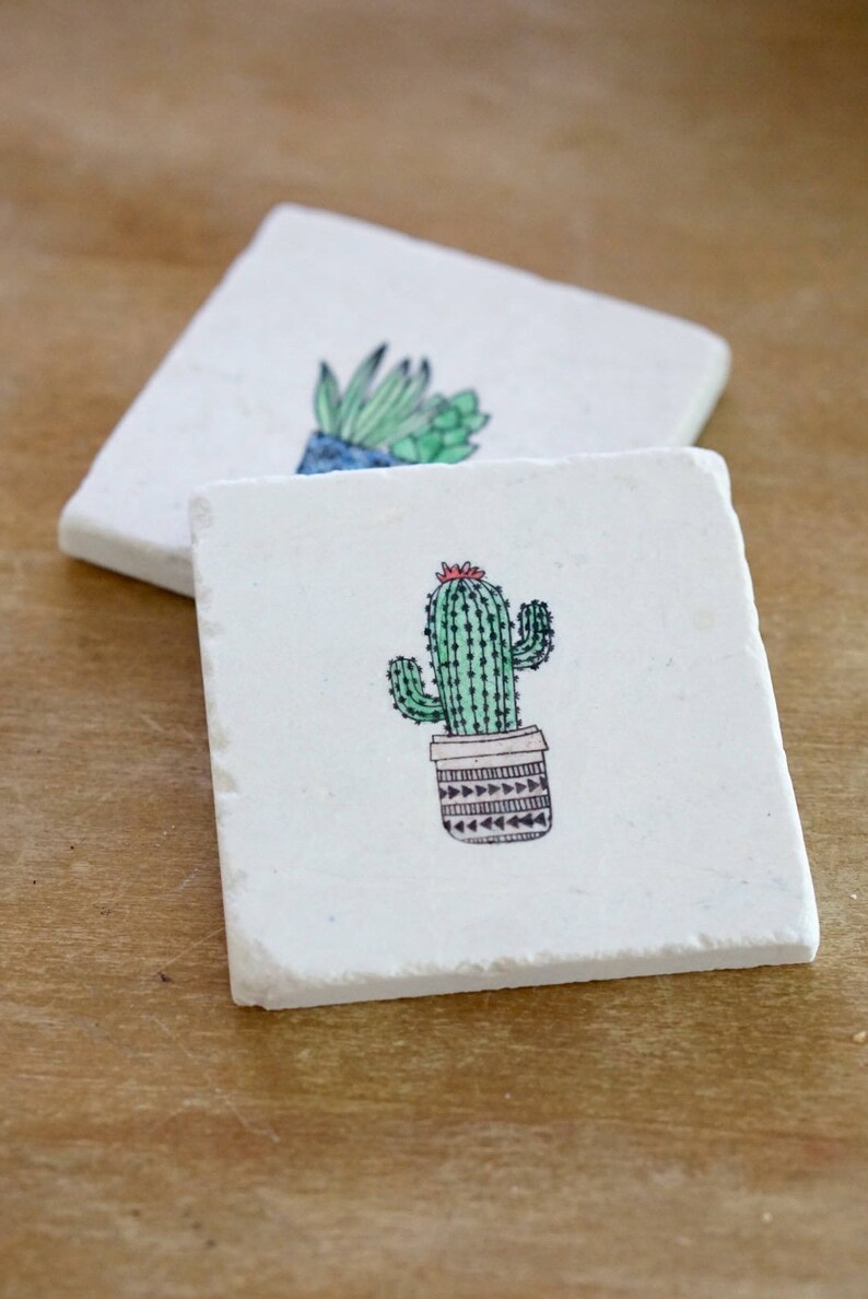 Cactus and Succulent Marble Coaster Set cactus and succulent home decor desert home decor marble coaster set stone coaster set