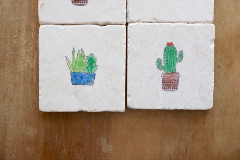 Cactus and Succulent Marble Coaster Set cactus and succulent home decor desert home decor marble coaster set stone coaster set