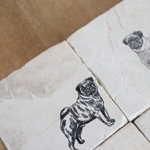 May include: Set of four white marble coasters with black and white pug illustrations.