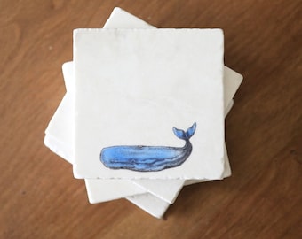 Whale Nautical Marble coaster set/ beach decor/ beach house/ nautical gift/ whale gift/ stone coasters