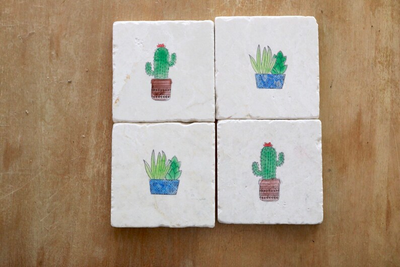 Cactus and Succulent Marble Coaster Set cactus and succulent home decor desert home decor marble coaster set stone coaster set