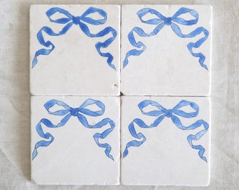 Blue Bow Marble Coasters, gift for grand millennial, coastal grandmother decor, blue and white decor, hand painted bow