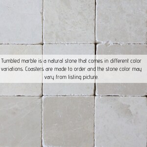 May include: A close-up of a set of white marble coasters. Tumbled marble is a natural stone that comes in different color variations. Coasters are made to order and the stone color may vary from listing picture.