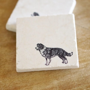 May include: Two square, off-white stone coasters with a black and white dog illustration. One coaster is in the foreground, with another slightly behind it. The coasters are on a wooden surface.