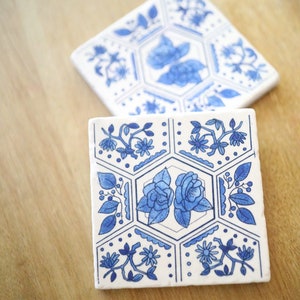 Delft Blue Medallion Painted Coaster, Grand Millennial Decor, Blue Painted marble coasters