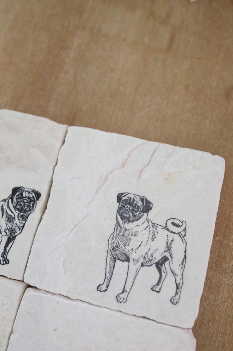 May include: Set of four white marble coasters with black and white illustrations of pugs. Each coaster features a different pug pose.