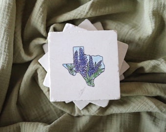 Texas Bluebonnet Painted Coasters, Texas Bluebonnet home decor, Texas flower watercolor