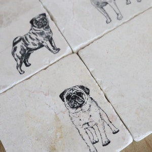 May include: Four white square coasters with black pug dog illustrations. The coasters are made of marble and have a natural, rustic look.