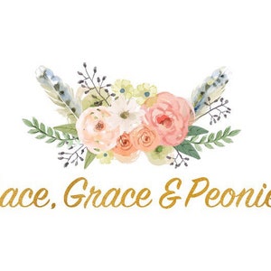 May include: Watercolor illustration of a floral arrangement with pink, white, and peach flowers, green leaves, and blue feathers. The text "Lace. Grace & Peonies" is written in gold script below the flowers.