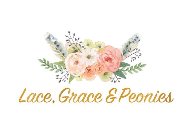 May include: Watercolor illustration of a floral arrangement with pink, white, and peach flowers, green leaves, and blue feathers. The text "Lace. Grace & Peonies" is written in gold script below the flowers.