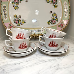 Wedgwood Flying Cloud Teacup and Saucer Set – Vintage Ceramic Coffee Cups (Set of 4)
