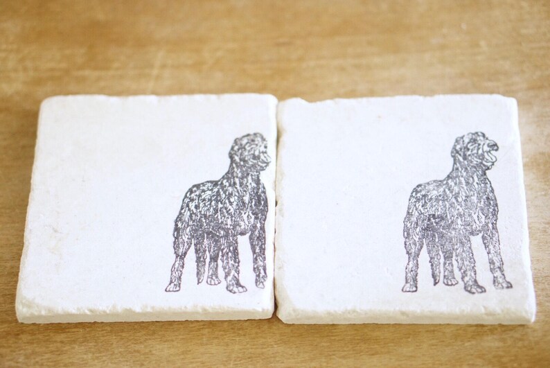 May include: Two square, off-white coasters with a textured surface. Each coaster features a detailed, black and white illustration of a dog. The dog is depicted in a standing pose, with its head turned to the side.