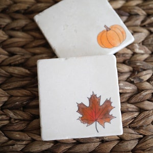 Fall Marble Coasters/ Pumpkin and Leaves marble coasters/ hand painted fall decor/ free shipping