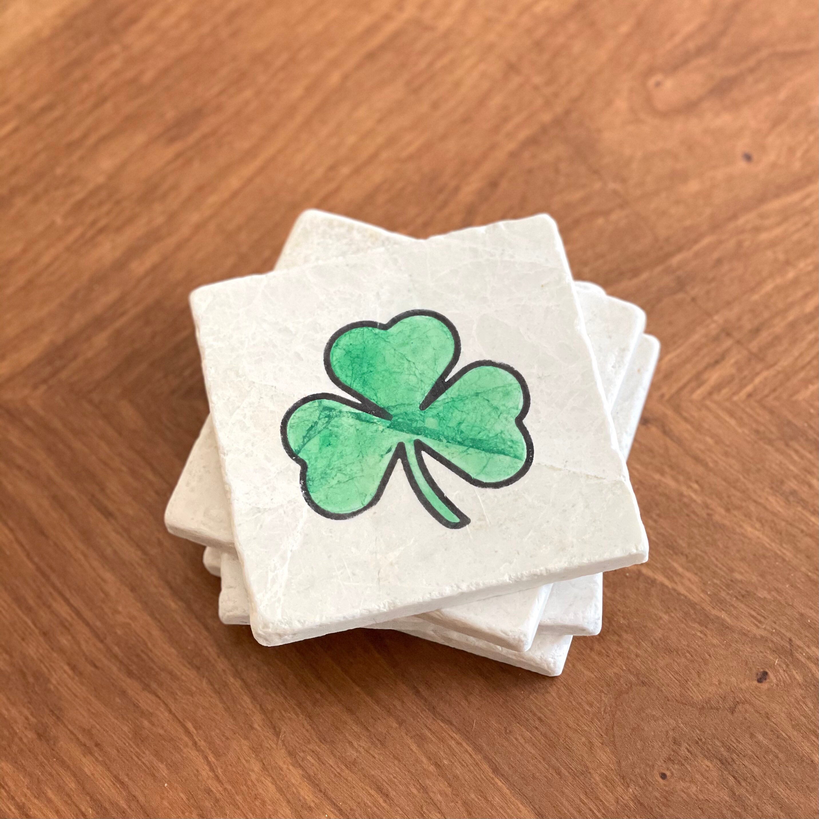 St Patrick Irish Shamrock 3 Leaf Lucky Clover Set of 4 Coasters 