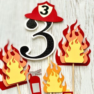 Fire truck cake topper- fire truck party decor- fire truck birthday decorations- customized age cake topper- fireman cake topper- customized