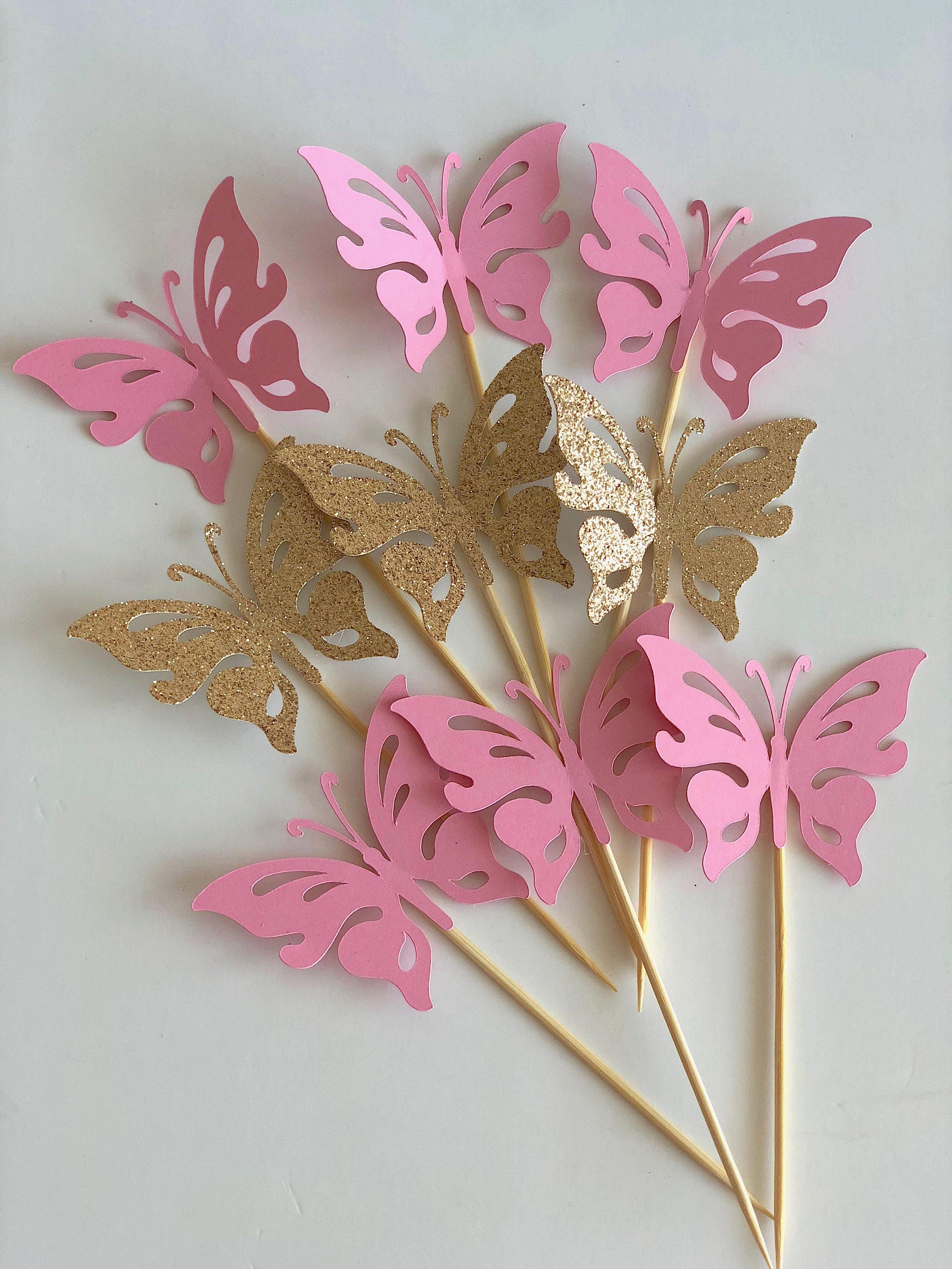 Gold Glitter and pink butterfly cupcake toppers 12 Butterfly Etsy