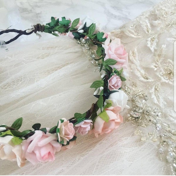 Pink flower crown, flower headband, flower girl flower crown, bridesmaid flower crown, boho wedding, boho flower crown, flower wreath, bride